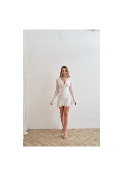 Rabia Çelik Kadın Beyaz Kolları Tül V Yaka Drapeli Mini Elbise Beyaz Beyaz