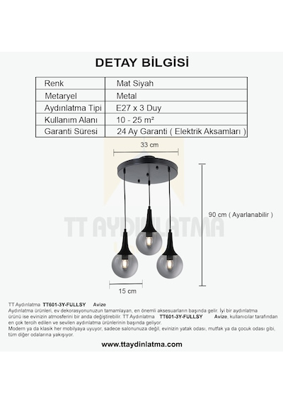 Tt601-3y-fullsy Tt Aydınlatma Mat Siyah 3 Lü Uzun Hunili Yuvarlak Siyah - Füme