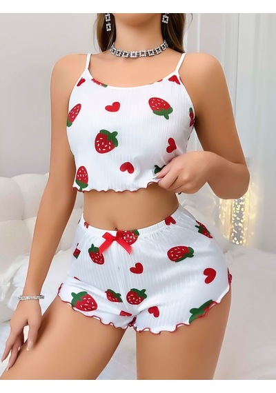 Findit Kadın Beyaz Çilek Desenli Şortlu Pijama Takımı 5053 Beyaz