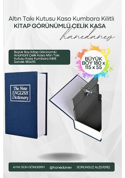 Büyük Boy Kitap Görünümlü Anahtarlı Çelik Kasa Altın Takı Kutusu Kasa Kumbara Kilitli Sandık 180x115