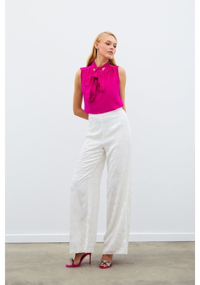 Sateen Fularlı Kolsuz Bluz - Fuşya