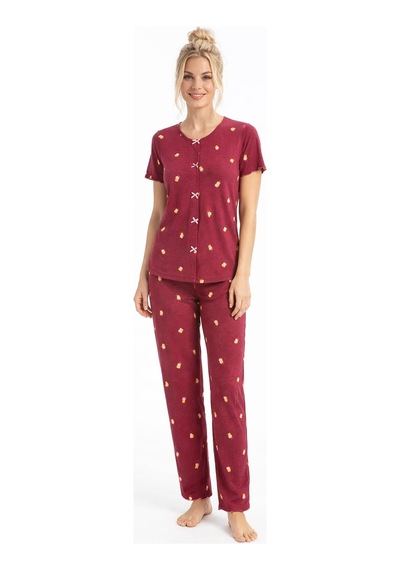 Kadın 01568 Kısa Kol Kaşkorse Pijama Takımı Bordo