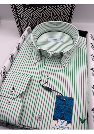 Slim Fit Uzun Kol Premium Çizgili Yaka Düğmeli Hediye Kutulu Erkek Gömlek Fs-004440 - Yeşil-3174