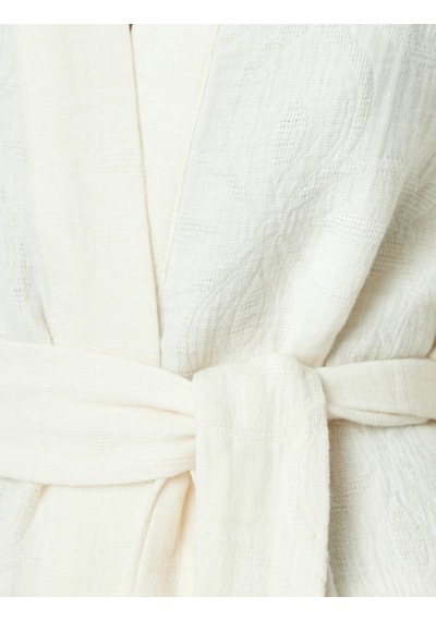 Koton Pamuklu Kuşaklı Geniş Uzun Kollu Dokulu Kimono Ekru 5sak50095uw Ekru
