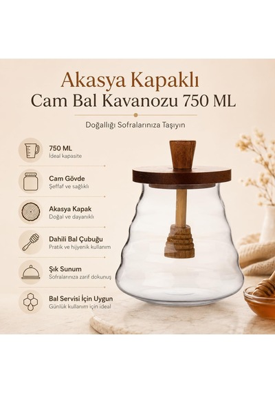 Lexroo Kaşıklı Akasya Kapaklı Cam Bal Kavanozu 750 Ml Şık Sunumluk Çok Renkli