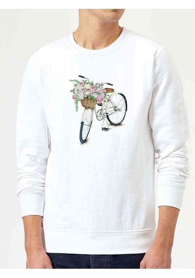 Sepetli Bisiklet Baskılı Beyaz Erkek Örme Sweatshirt