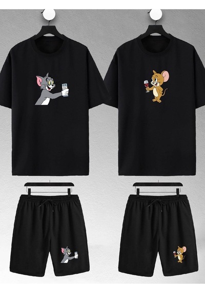 Unisex Kadın Erkek Tom Ve Jerry Rakı Baskılı Sevgili Çift Kombini Tasarım Oversize Tshirt Ve Şort Siyah Mck0577 Siyah