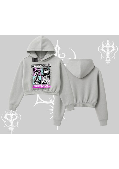 Startmore Kapşonlu Crop Sweatshirt Fearless Soul Anime Kolaj Baskılı Gri