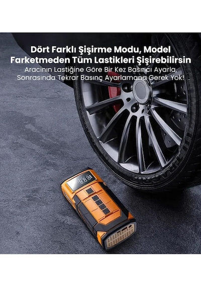 A5577 Akü Takviyeli Hava Kompresörü 4'ü 1 Arada Powerbank, Hava Kompresörü, Lcd Ekran, 8.000mah 150psı