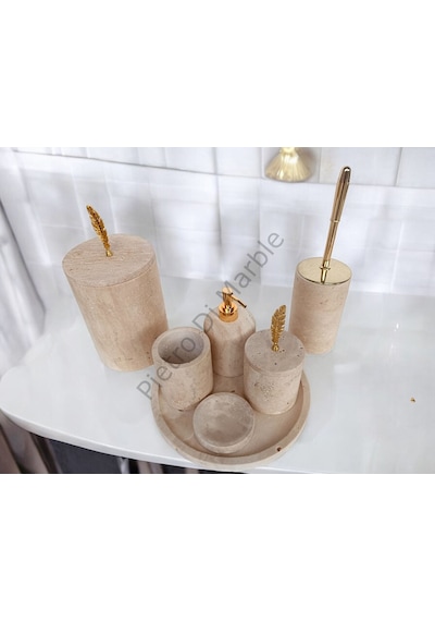 Sarı Traverten Klasik Model 7 Parça Gold Renk Kuş Tüyü Aksesuarlı Banyo Seti Sarı Traverten