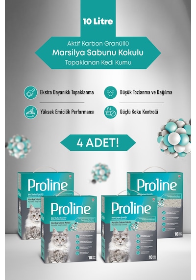 Proline Aktif Karbon Granüllü Marsilya Sabun Kokulu Bentonit Kedi Kumu 4x10 Lt