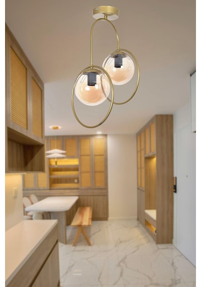 Simon Modern Salon - Mutfak - Yatak Odası - Hol - Eskitme Renk Gövde Bal Camlı 2 Li Avize Eskitme Bal
