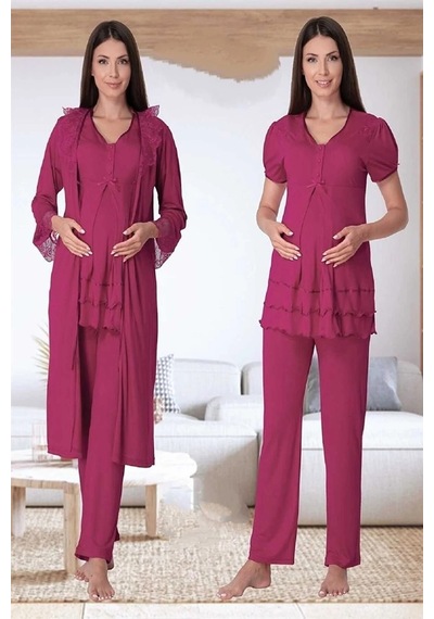 Effortt Lohusa Sabahlıklı Pijama Takımı Vişne - 8024 Vişne