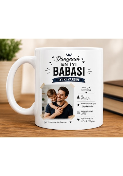 Kişiye Özel Fotoğraflı Baba Kupası İsimli Beyaz Seramik Kupa Bardak 330 Ml Kahve Ve Çay Kupası Açık Beyaz