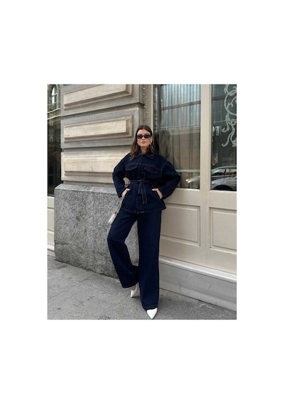 Belezastore Bağlamalı Lacivert Ceket Pantolon Denim Takım Lacivert Takım