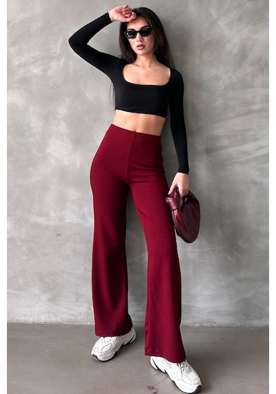 Bordo Yüksek Bel Düz Model Kadın İspanyol Paça Tayt Pantolon Mg2288 Bordo