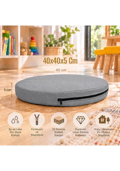 Kreş Anaokulu Yuvarlak Oyun Minderi Aktivite Minderi 40x40x5 Cm - Sandalye Minderi - Bahçe Dekor Minderi Yuvarlak Minder Gri