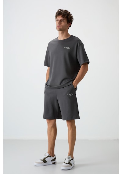 Haki Pamuklu Kalın Yumuşak Dokulu Oversize Fit Nakışlı Erkek Şort Takım - 85250