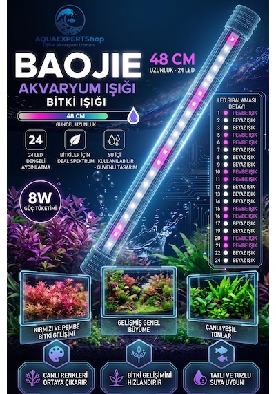 Baojie Akvaryum Işığı - Bitki Işığı - Balık Işığı - Tamamen Su Içinde Kullanılabilir - 24 Led - Pembe Beyaz - 48 Cm - Güçlü Aydınlatma - 8w