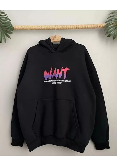 Zenna Tarz Baskılı Üç İplik Kapüşonlu Oversize Sweatshirt - Siyah