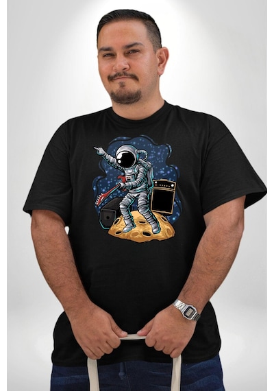 Angemiel Gitar Astronot Müzik Uzay Siyah Büyük Beden Erkek Kadın Unisex Basic Ön Baskılı Tişört Siyah