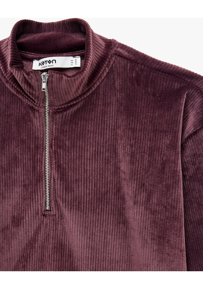 Koton Rahat Kalıp Dik Yaka Yarım Fermuarlı Uzun Kollu Kadife Pijama Üstü Mürdüm 7wlk40150mk Mor