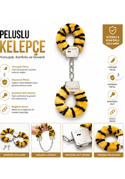 Peluş Kaplamalı Anahtarlı Metal Kelepçe Sarı Siyah Parti Aksesuarı Yetişkin