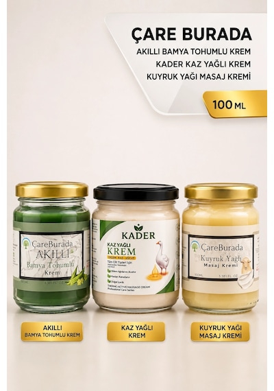 Çareburada Kuyruk Yağlı Krem 100 Ml + Akıllı Bamya Tohumlu Krem 100 Ml + Kader Kaz Yağlı