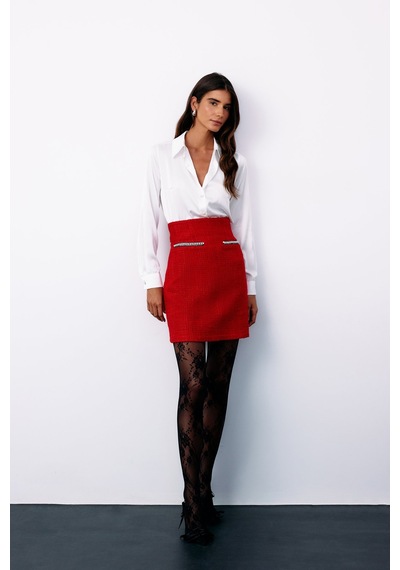 Sateen Aksesuar Detaylı Tüvit Etek - Kırmızı-135153 Kırmızı