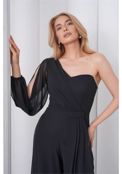 Neşeli Butik Kadın Siyah Tek Kol Astarlı Tül Kumaş Tasarım Abiye Tulum Nbs9389