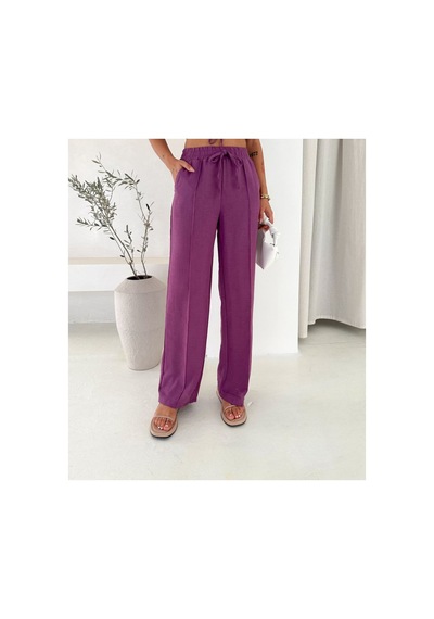Wellway İthal Keten Kumaş İplik Detaylı Crop Gömlek & Pantolon İkili Takım -mor Mor