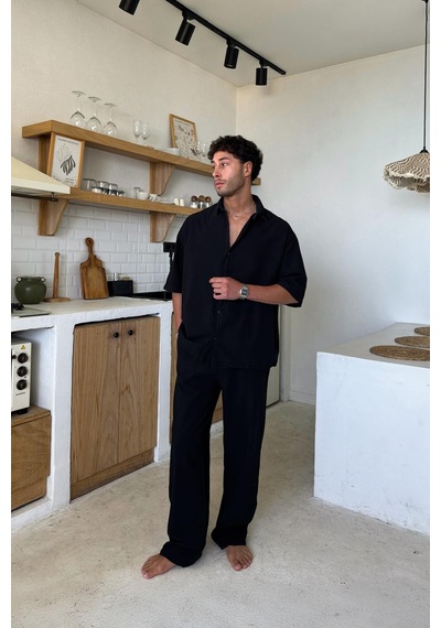 Flaw Basic Oversize Kısa Kol Keten Gömlek Siyah-26087 Siyah