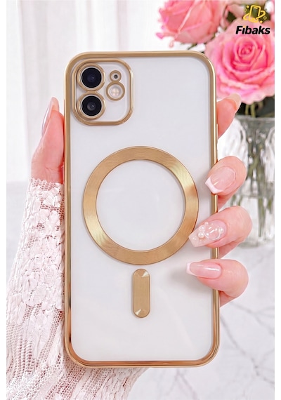 Fibaks iPhone 11 Uyumlu Kılıf Kamera Lens Korumalı Magsafe Şarj Kilifi Şeffaf Renkli Yumuşak Kapak Gold
