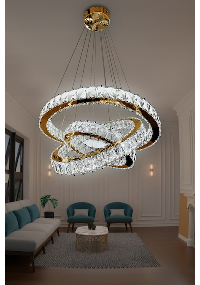 3 Katlı Kristal Taşlı Modern Led Avize Çok Renkli
