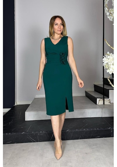 Ges Moda G1330 Drape Ve Çiçek Detaylı V Yaka Abiye Elbise Zümrüt Zümrüt