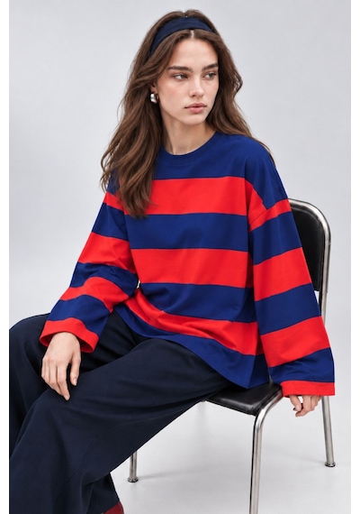Hiccup Bıpantolon Kadın Oversize Çizgili Bisiklet Yaka Sweatshirt Çok Renkli