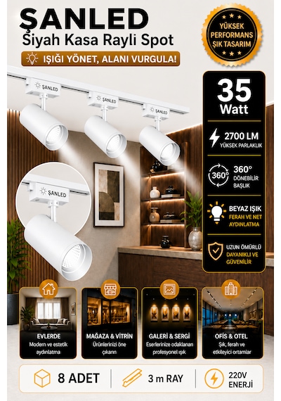 Led Beyaz Kasa Beyaz Işık 35w Raylı Spot / 8 Adet 3 Metre Ray