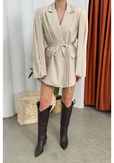 Msm Fashion Kadın Oversize Blazer Ceket Kuşaklı Omuz Detaylı Bej