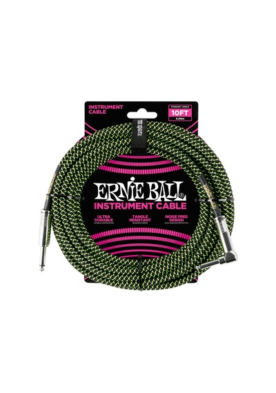 Ernie Ball Black - Green Braided Straight - Angle Instrument Cabl