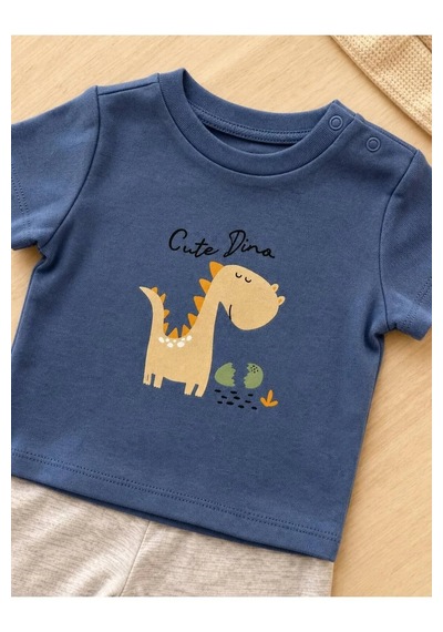 Ferasty İstanbul Erkek Bebek Takım Şortlu Dinozor Desenli Mavi