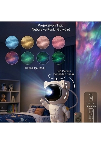 Astronot Temalı 8 Farklı Işık Modlu 360 Dönebilen Uzaktan Kumandalı Projeksiyon Gece Lambası Renkli
