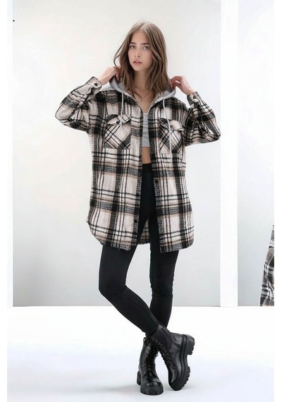 Mamayaga Kadın Desen Bloklu Oduncu Oversize Geniş Kalıp Casual Cepli Kapüşonlu Uzun Boy Ceket Gömlek Bej
