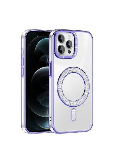 Apple Uyumlu iPhone 12 Pro Kılıf Pırlanta Taş Tasarımlı M-safe Şarj Özellikli Karetta Silikon Kapak Mor