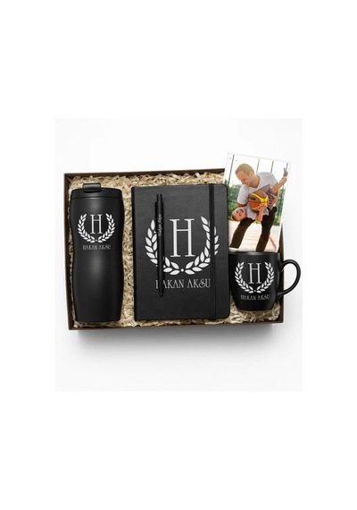 Bk Gift Kişiye Özel İsimli Siyah Termos, 10x15cm Fotoğraf, Kupa, Defter, Tükenmez Kalem Hediye Seti-1 Babalar Günü Hediyesi, Yeni İş Hediyesi, Öğret