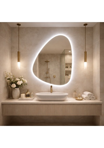 55x77 Cm Modern Asimetrik Led Banyo Aynası Dokunmatik Sensörlü, Dimmerli, 6500k Beyaz Işık Beyaz