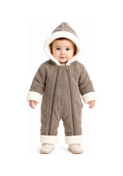 Tatlı Unisex Bebek Fitilli Kadife Kozmonot Tulum Peluş Kürklü Kapüşonlu Çift Fermuarlı Kışlık Bebek Tulumu Kahverengi