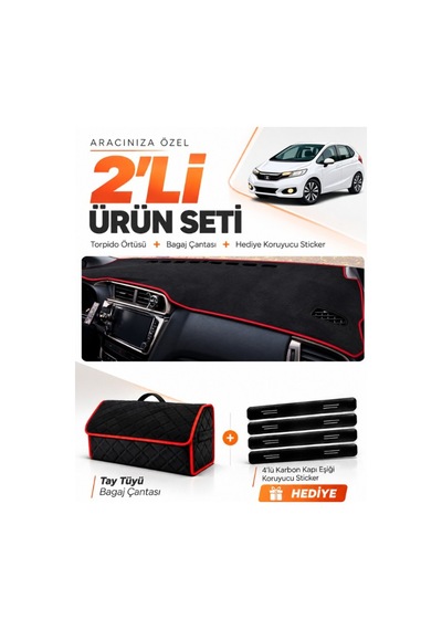 E-biz Honda Jazz 2018-2020 Uyumlu Torpido Örtüsü + Tay Tüyü Bagaj Çantası - Siyah-kırmızı - Ho019