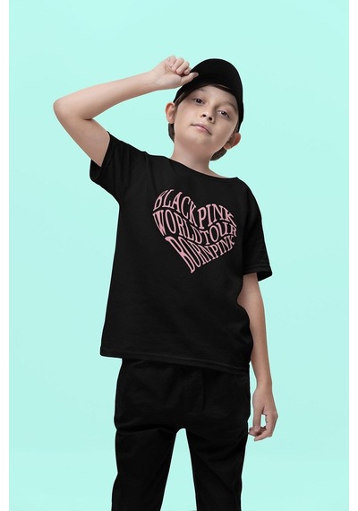 Sevbano Blackpink Kalp Baskılı Unisex Müzik Grubu Çocuk Tişört 1-12 Yaş Siyah
