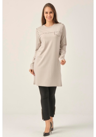 Gri Taşlı Sıfır Yaka Tunik Dm230 Gri