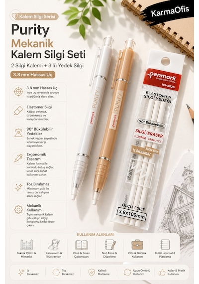 Beyaz Ve Turuncu Purity Mekanik Kalem Silgi Seti 3.8 Mm 2 Adet Silgi Kalemi + 3 Lü Silgi Yedeği